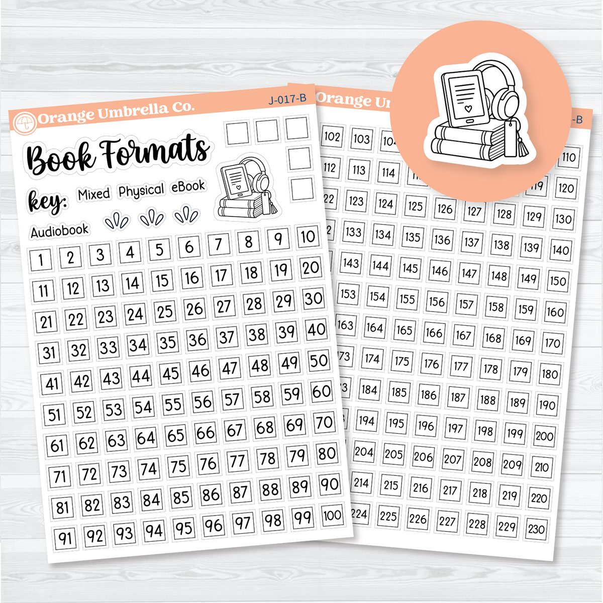 Book Formats Tracker and continuation sticker sheets with format key labels, numbered boxes 1–230, and book, e-reader, and headphone accents.