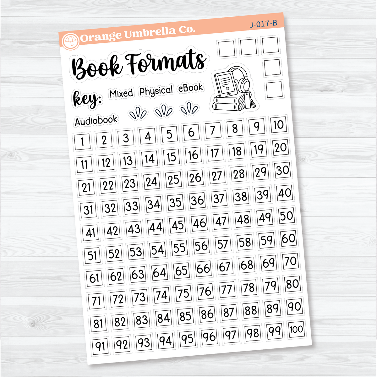 White matte Book Formats Tracker sheet with numbered boxes 1–100 and key labels for Mixed, Physical, eBook, and Audiobook reads.