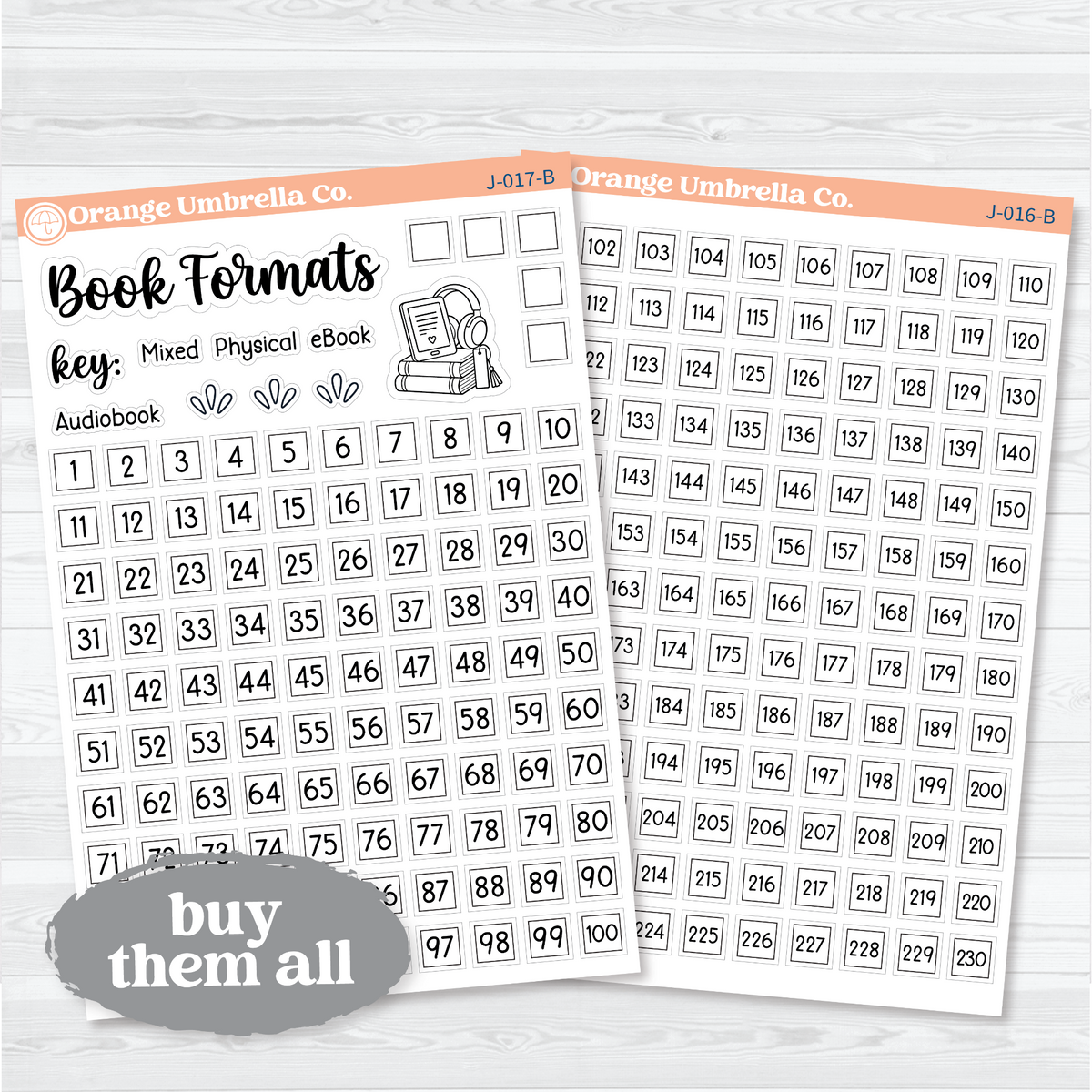 Two white matte sheets pairing the Book Formats Tracker with numbered continuation boxes 101–230 for reading journals.