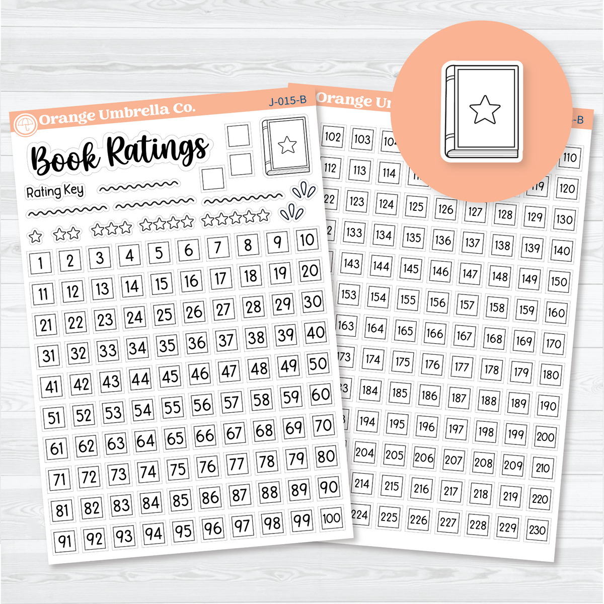 Book Ratings Tracker and continuation sticker sheets with a star-rating key, numbered boxes 1–230, and book accents for reading journals.