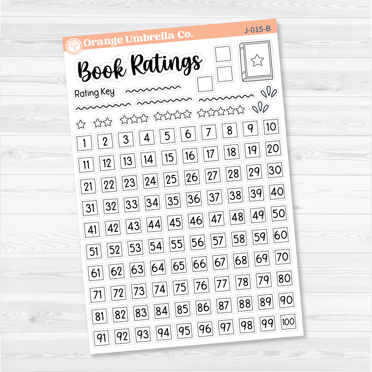 White matte Book Ratings Tracker sticker sheet with a script heading, one-to-five-star rating key, numbered boxes 1–100, and book accents.