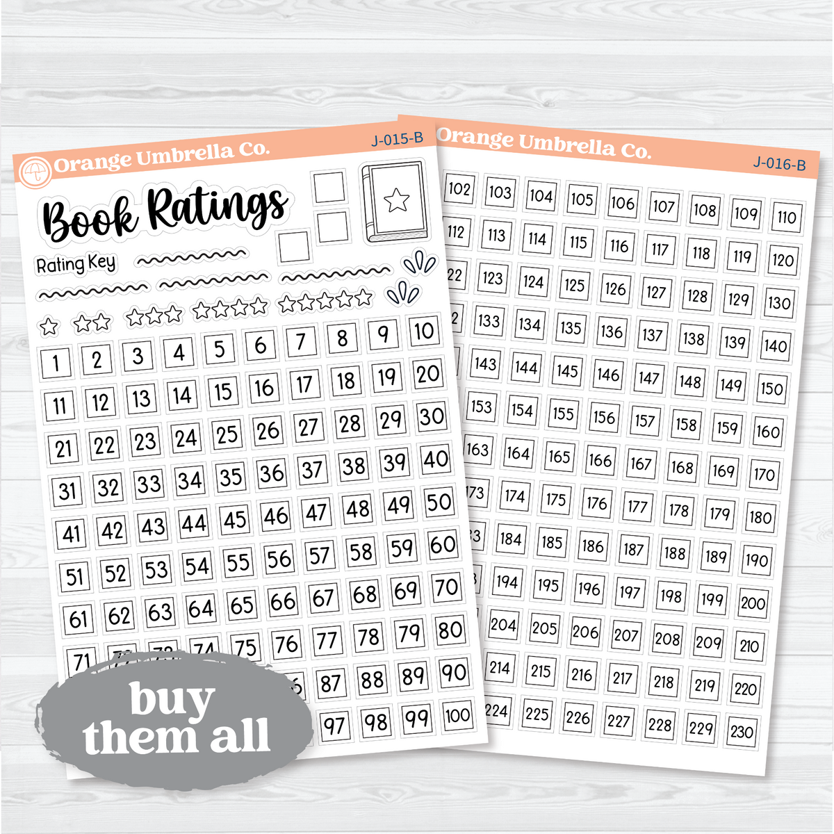 Two white matte reading journal sticker sheets combining the Book Ratings Tracker with numbered continuation boxes 101–230.