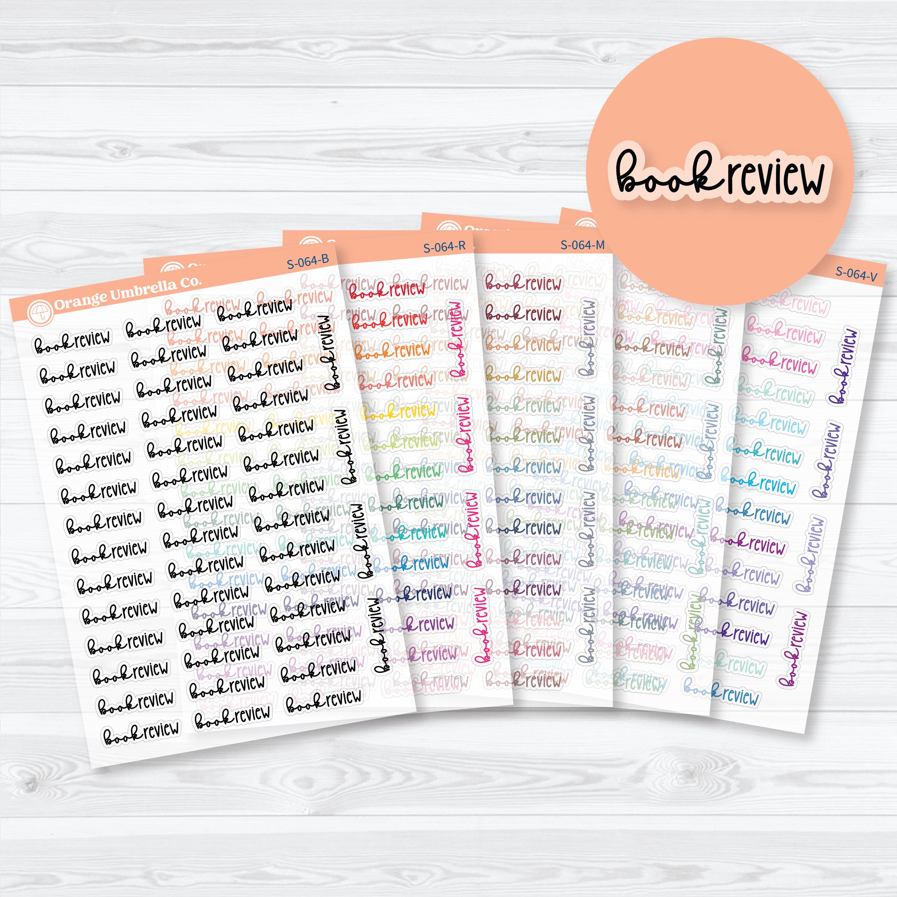 Clear matte Book Review script planner stickers for reading journals, book trackers, and reading challenge spreads in Font 18 by Orange Umbrella Co
