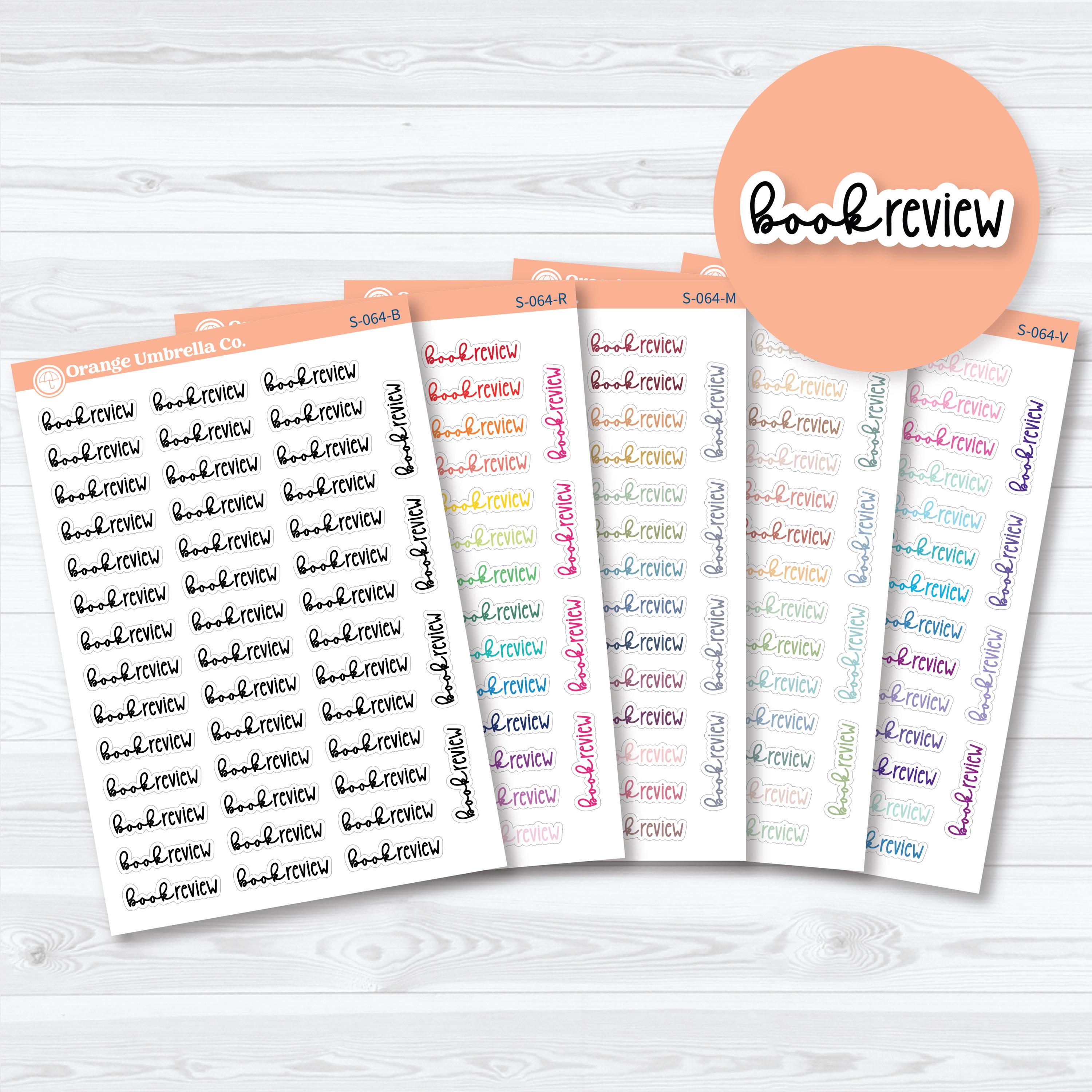 Book Review script planner stickers for reading journals, book trackers, and reading challenge spreads in Font 18 by Orange Umbrella Co