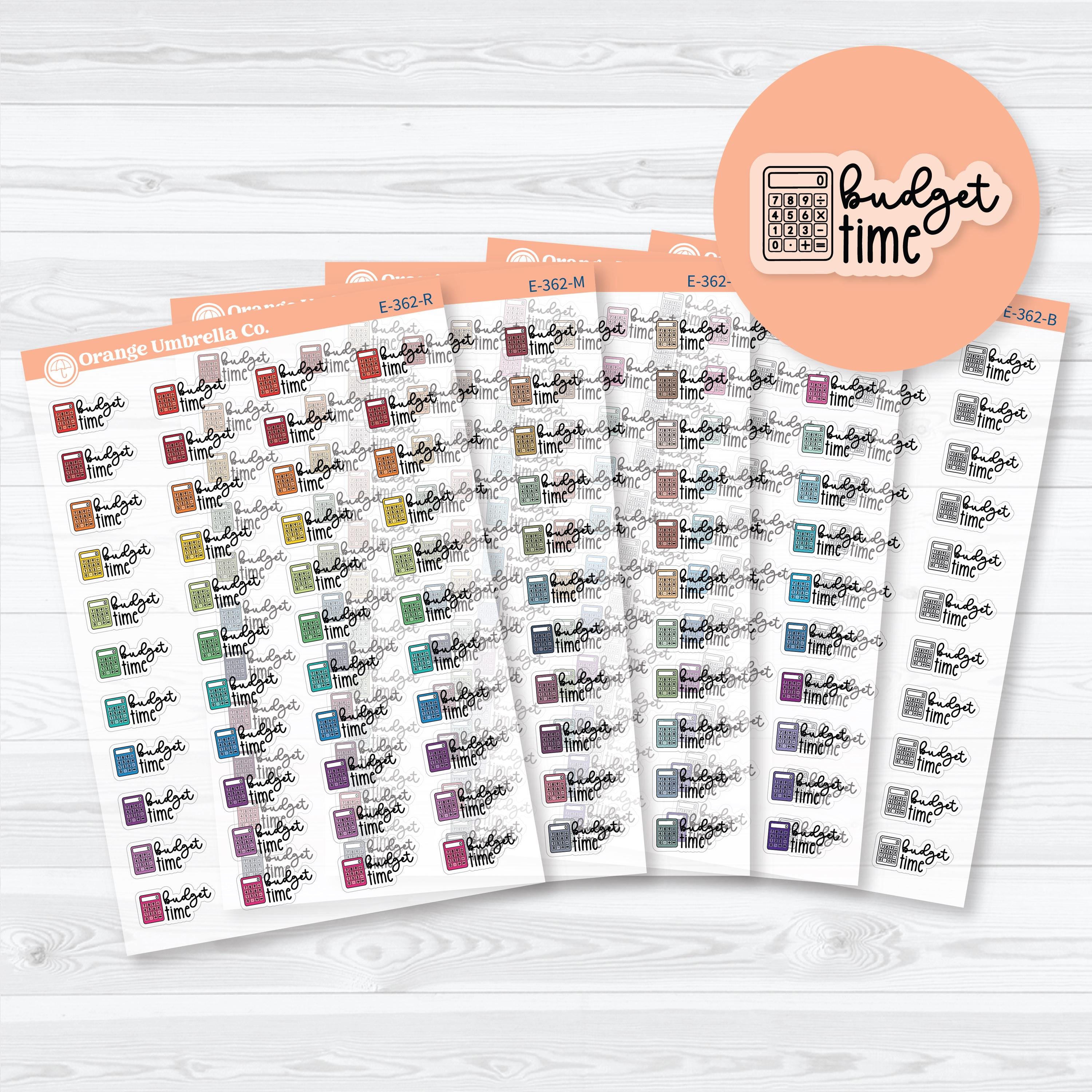 Clear matte Budget Time planner labels with calculator icons for budgeting, bill planning, savings goals, and financial planning.