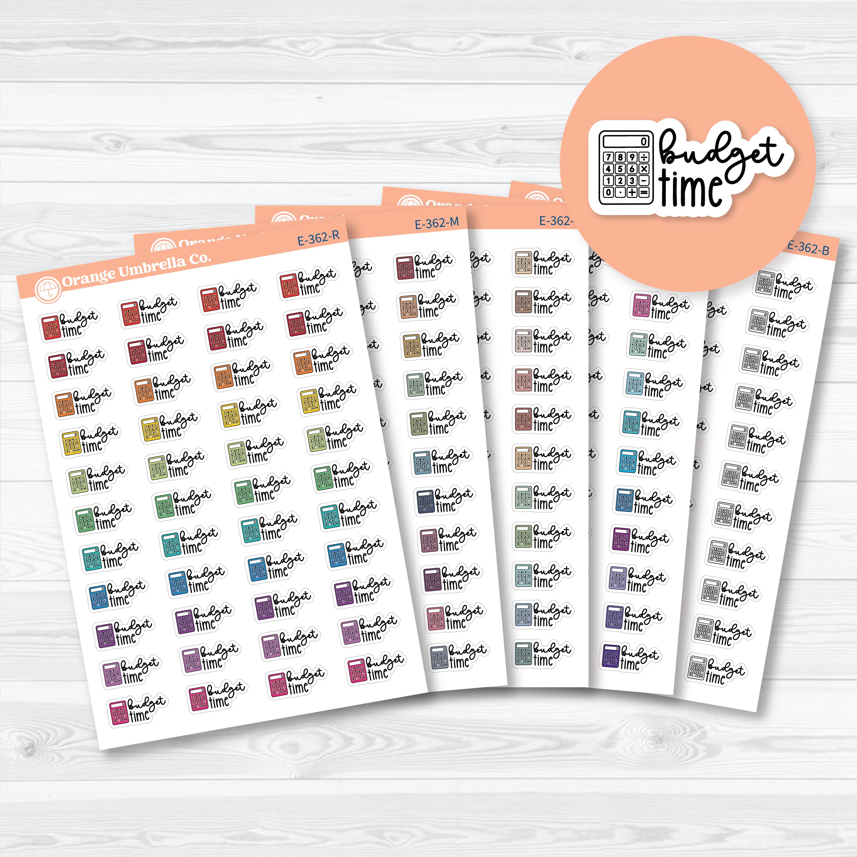 Hand-doodled Budget Time planner labels with calculator icons for budgeting, bill planning, savings goals, and financial planning.