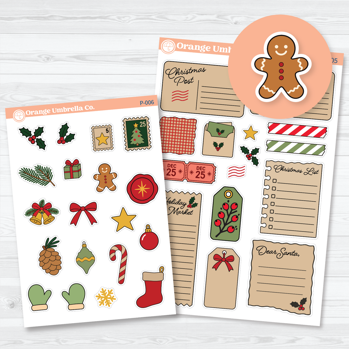 Two coordinating Christmas Paper Ephemera sticker sheets with postcard-style notes, tags, lists, tickets, holly, stamps, gingerbread, ornaments, and holiday doodles.
