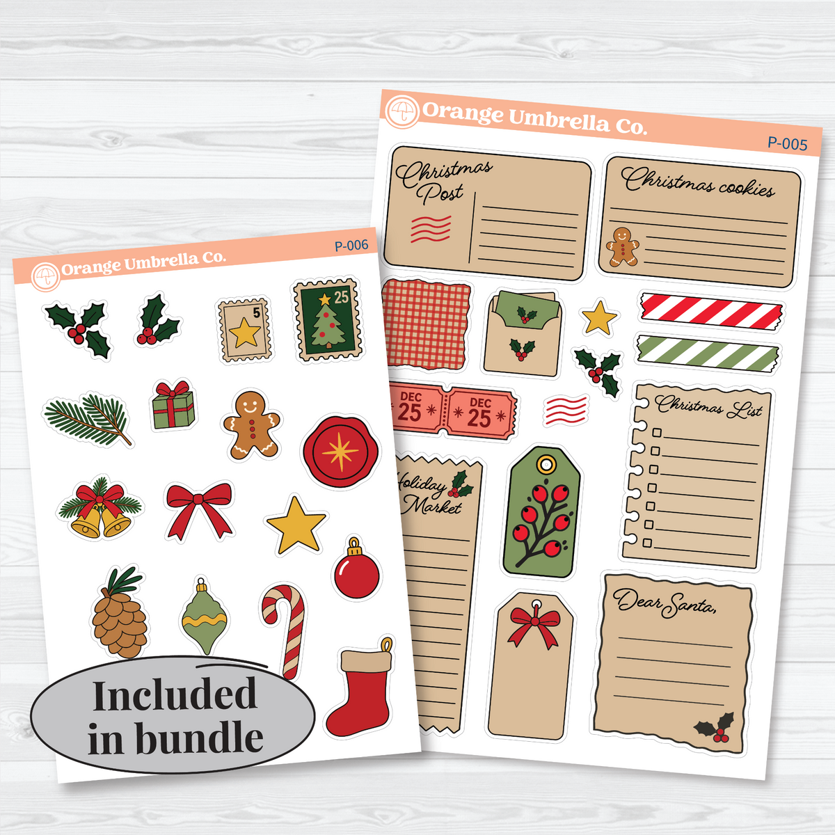 Two white matte Christmas Paper Ephemera sheets pairing postcard notes, lists, and tags with coordinating holiday doodle stickers.
