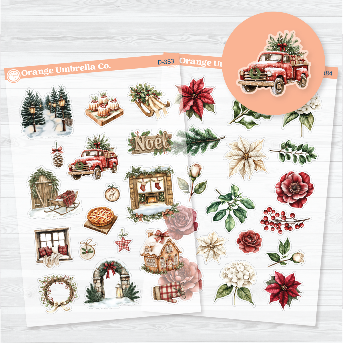Clear matte two-sheet Christmas village decorative planner sticker set with snowy scenes, a red truck, poinsettias, greenery, berries, and holiday florals.