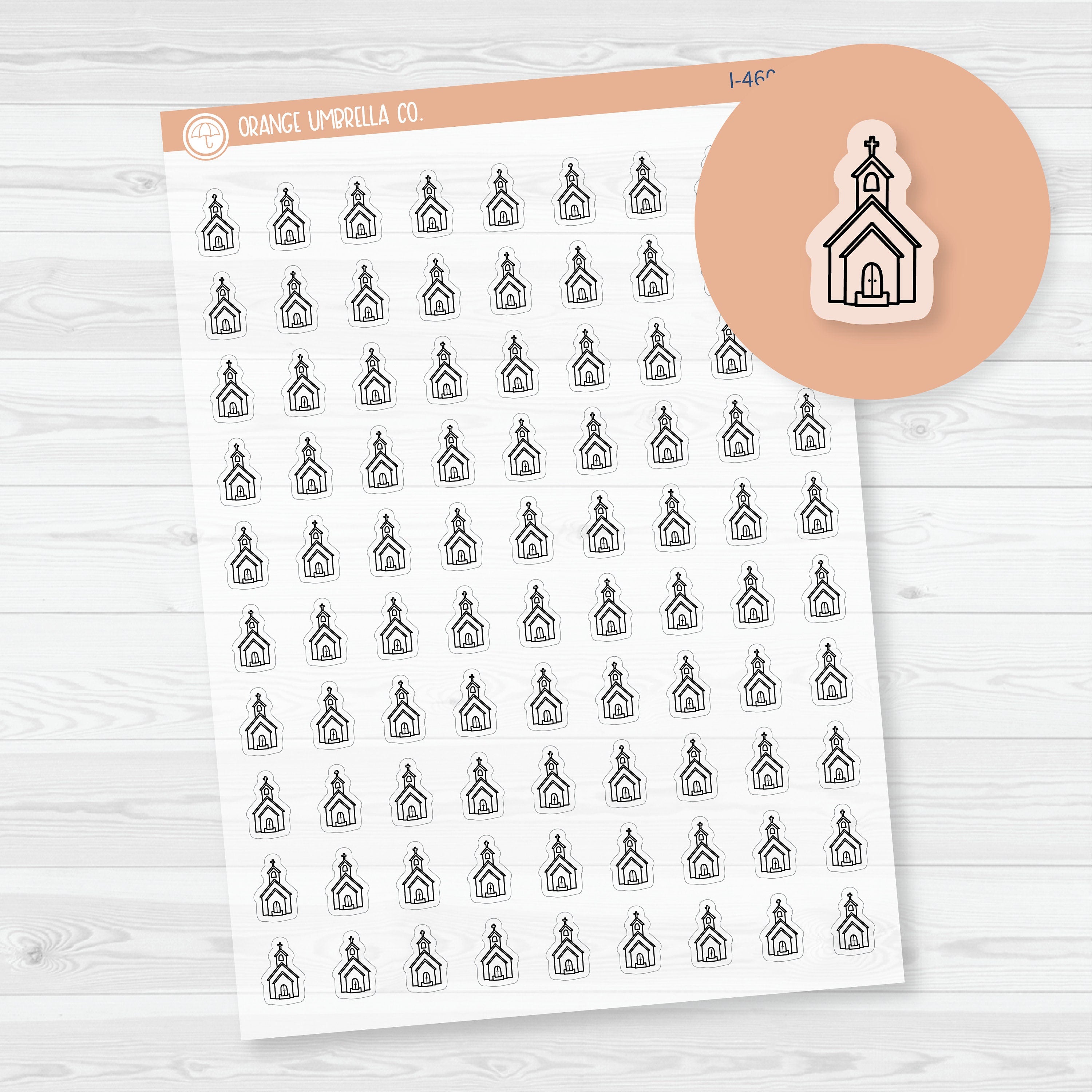 Hand doodled church icon clear matte planner stickers for church services, Bible study planning, worship schedules, and faith journaling.