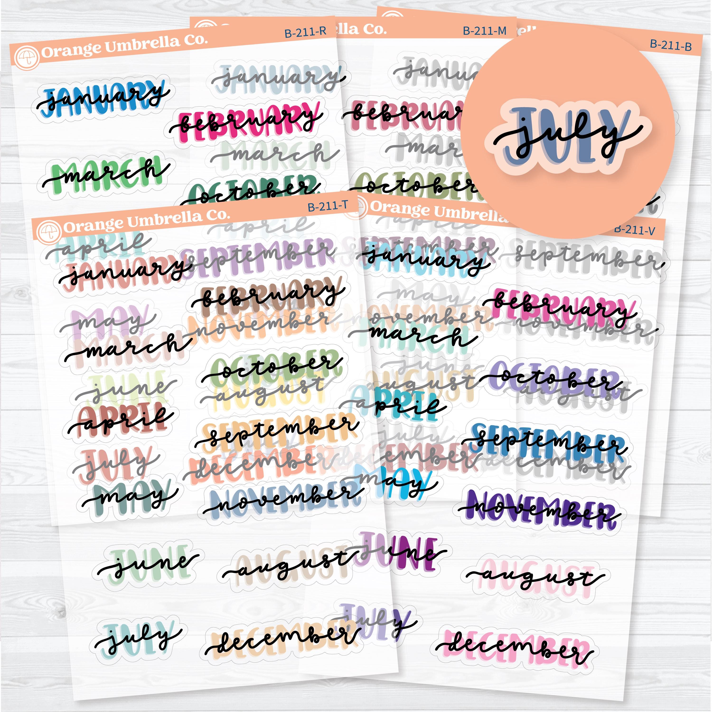 Clear matte large hand doodled month planner stickers with script monthly headers for planners and bullet journals