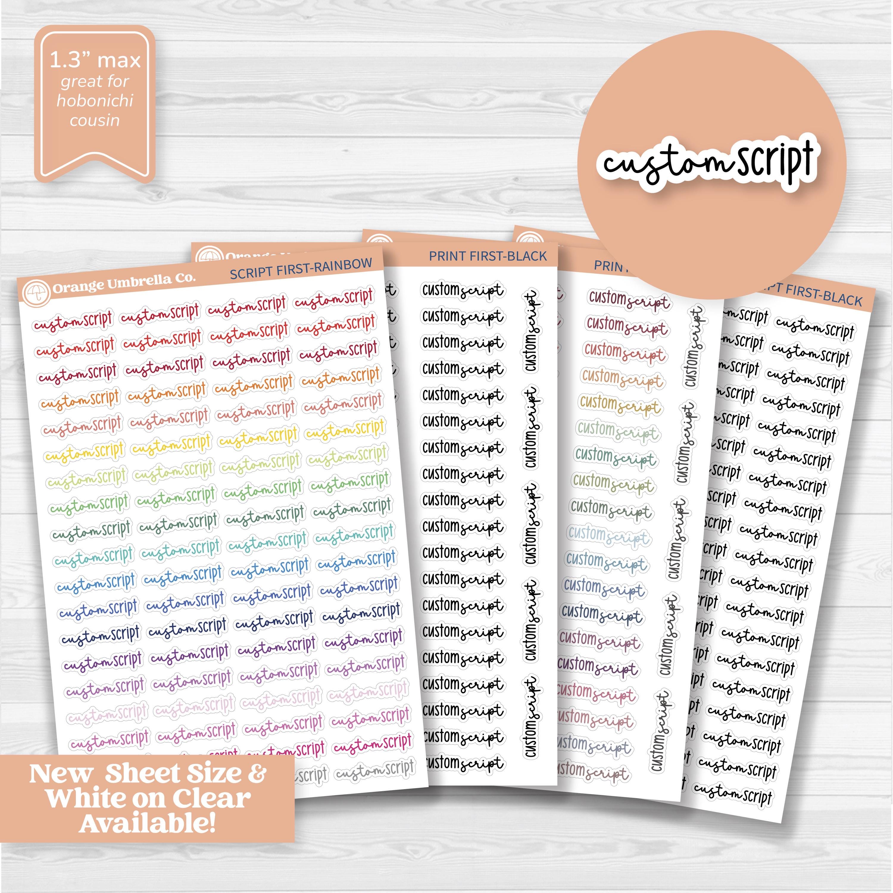 clear matte custom script planner stickers in multiple colors and fonts sized for hobonichi cousin planners, transparent small script labels for daily planning
