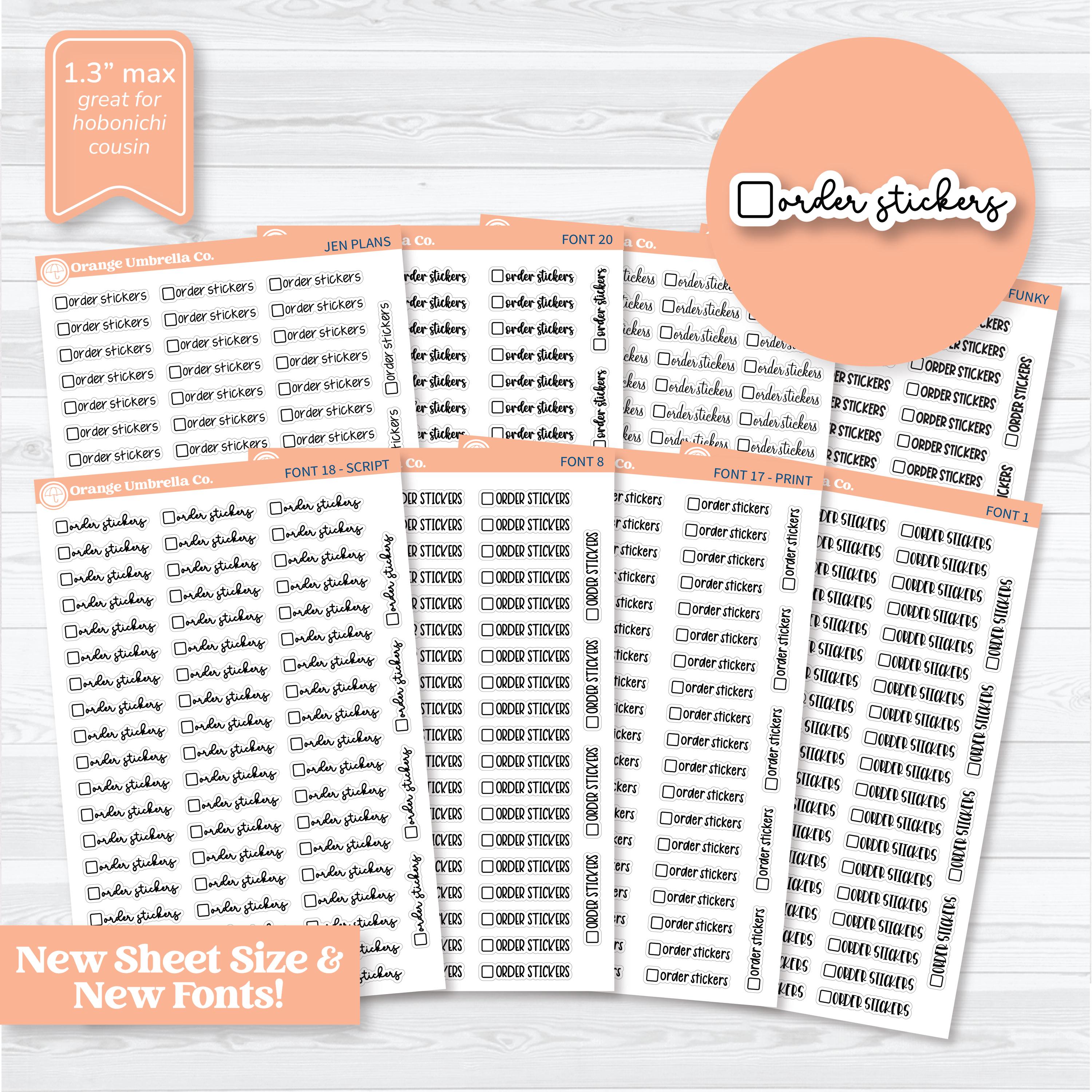 custom script planner stickers in multiple colors and fonts sized for hobonichi cousin planners, small functional script labels for daily planning
