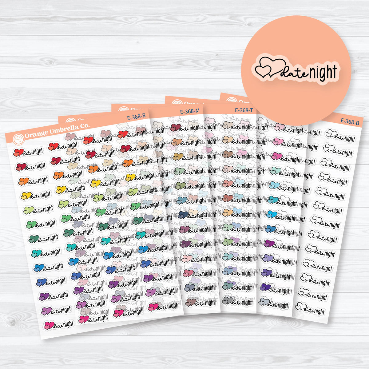 Clear matte Date Night script planner stickers in black and assorted color palettes for marking date nights and quality time on calendars.
