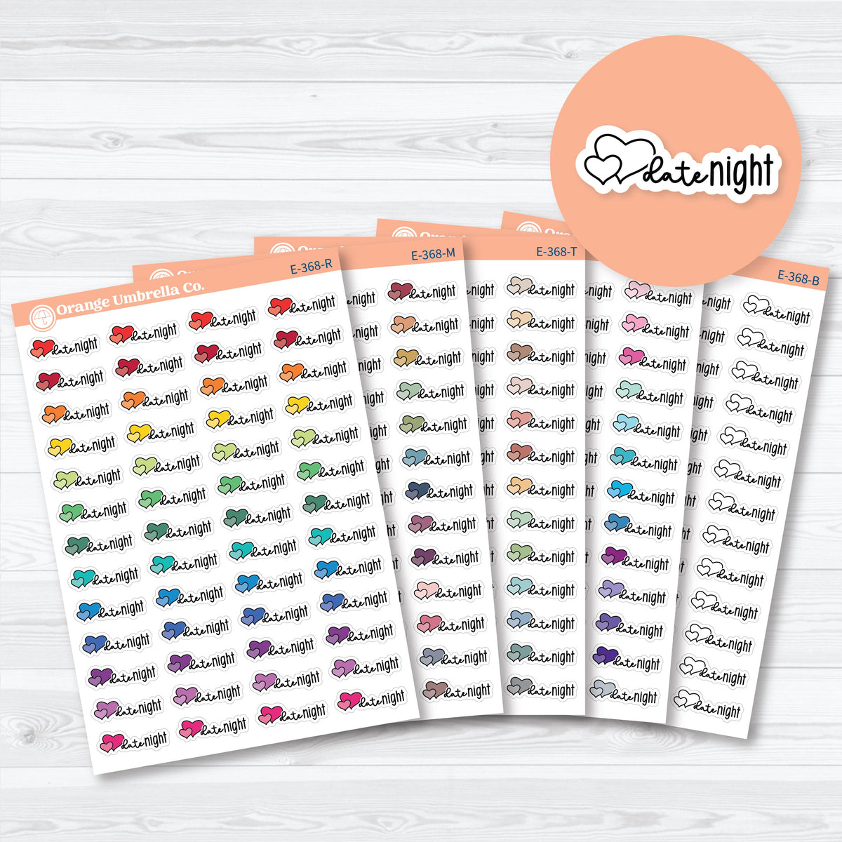 Date Night script planner stickers in black and assorted color palettes for marking date nights, plans, and quality time on calendars.
