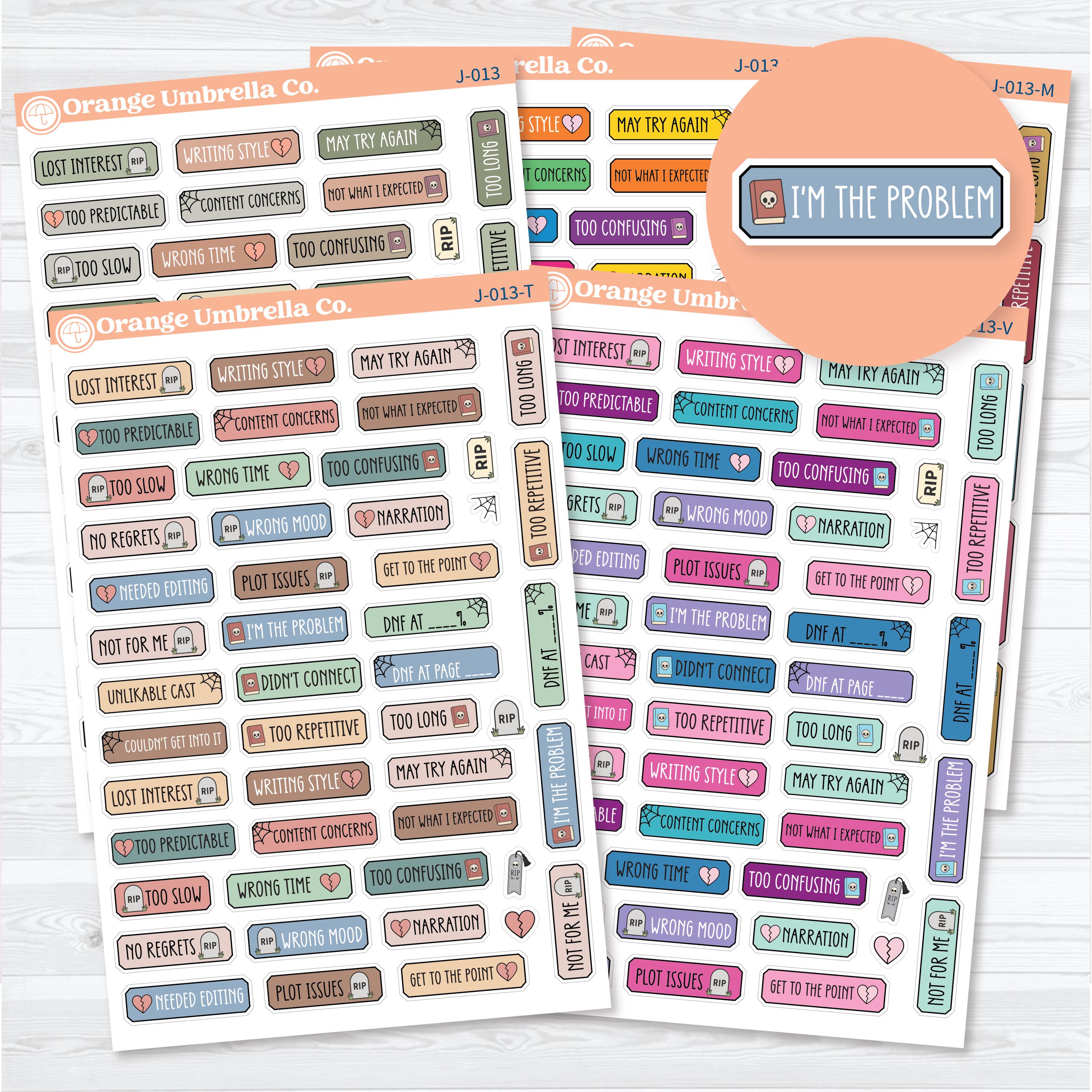 Did Not Finish Book Tracker Labels featuring DNF reason stickers for reading journals, book trackers, book planners, and book logs.