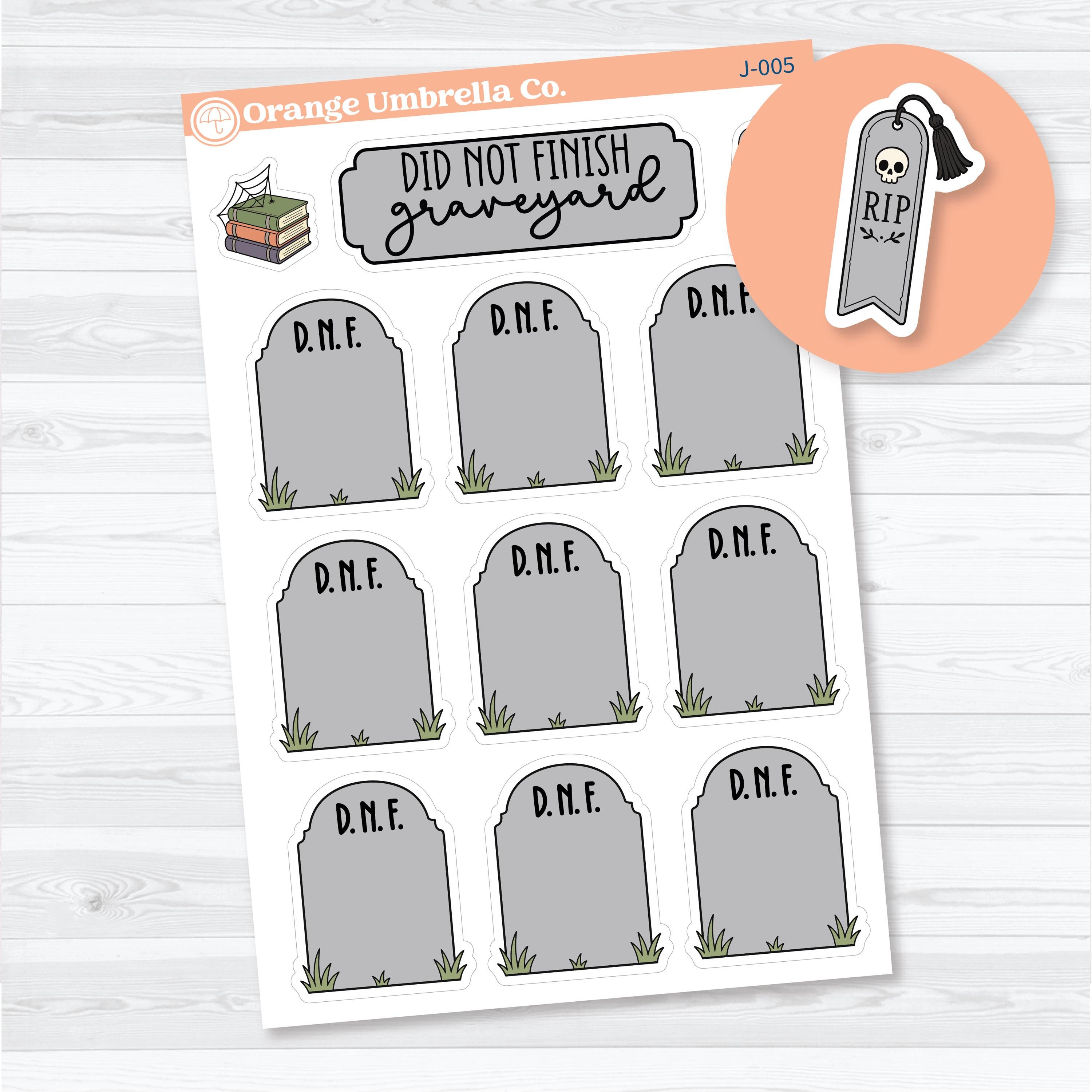 DNF graveyard planner stickers for reading journals with tombstone book trackers and spooky cozy reading journal designs by Orange Umbrella Co
