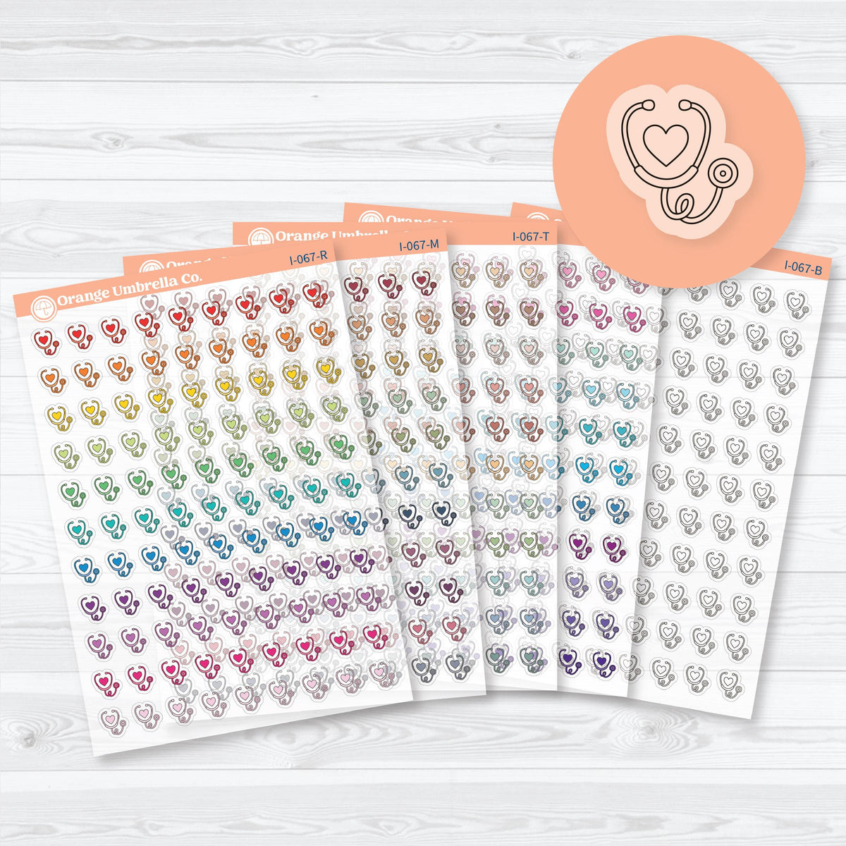 Clear matte doctor appointment stethoscope icon planner stickers in black and assorted color palettes for medical visits and healthcare reminders.
