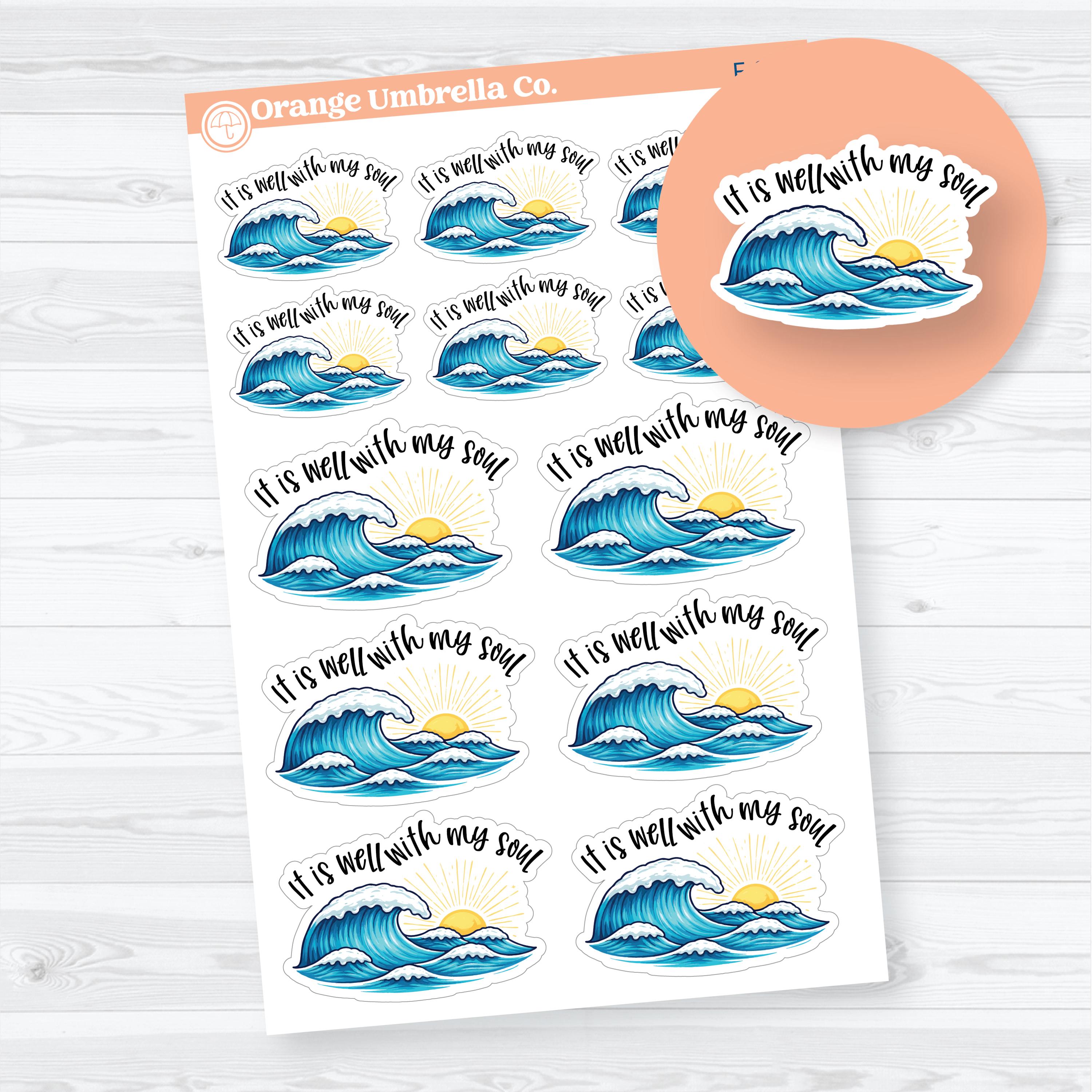 faith planner stickers with it is well with my soul phrase and ocean wave design for bible journaling and scripture reflection
