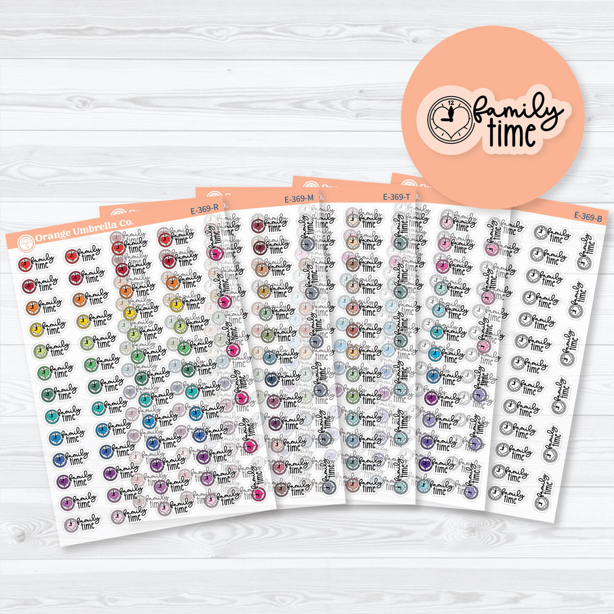 Clear matte Family Night script planner stickers in black and assorted color palettes for marking family nights and quality time on calendars.
