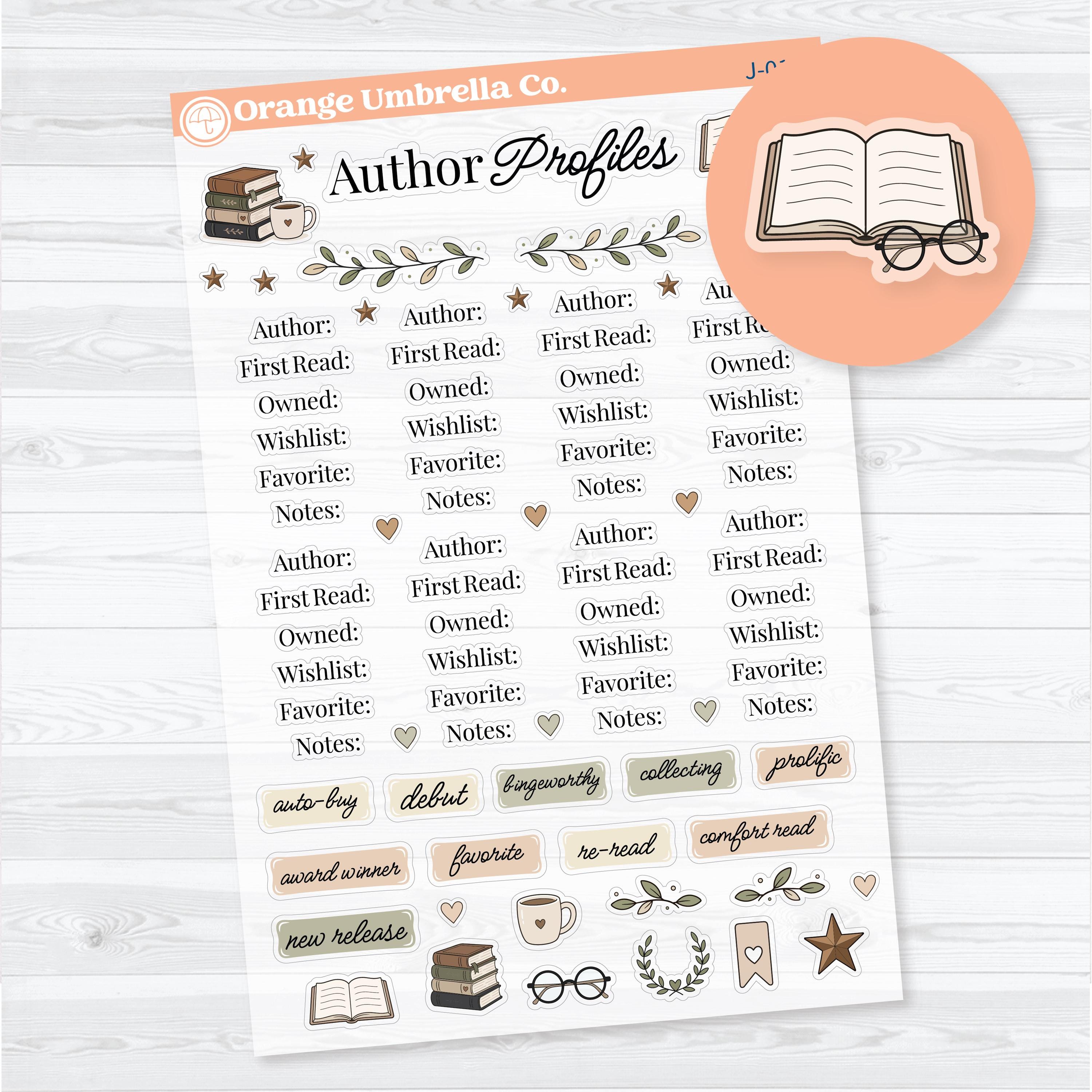 Favorite author tracker stickers for reading journals featuring author profile labels, reading-themed scripts, decorative book icons, and enough stickers to create eight favorite author profile pages on clear matte sticker paper.
