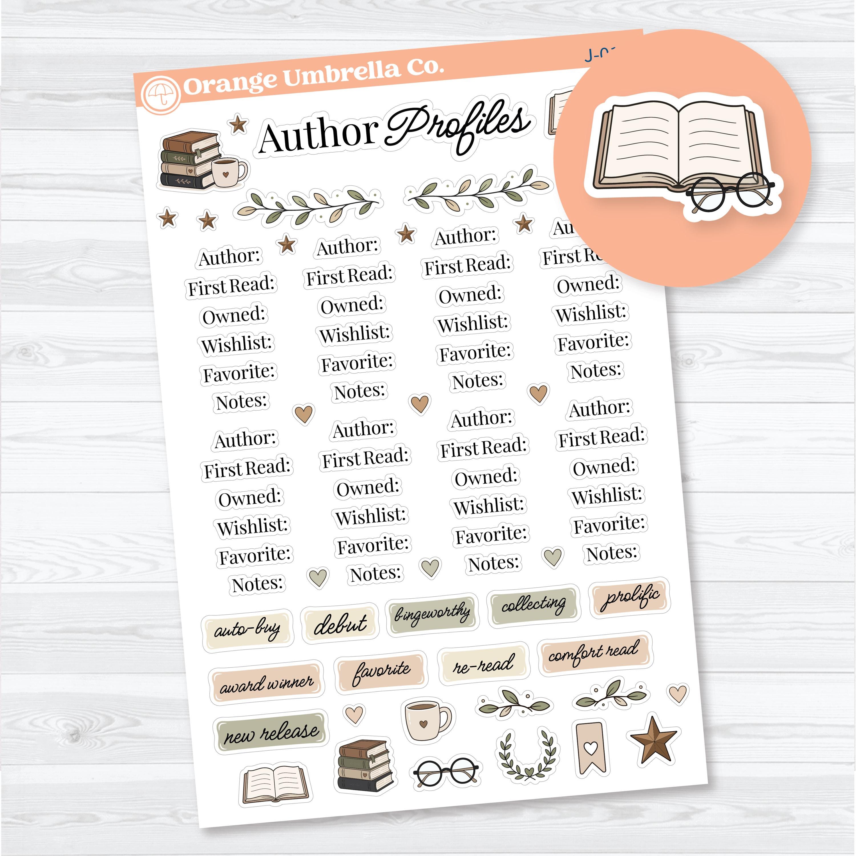 Favorite author tracker planner stickers for reading journals featuring author profile labels, reading scripts, decorative book icons, and enough stickers for eight author profile pages.