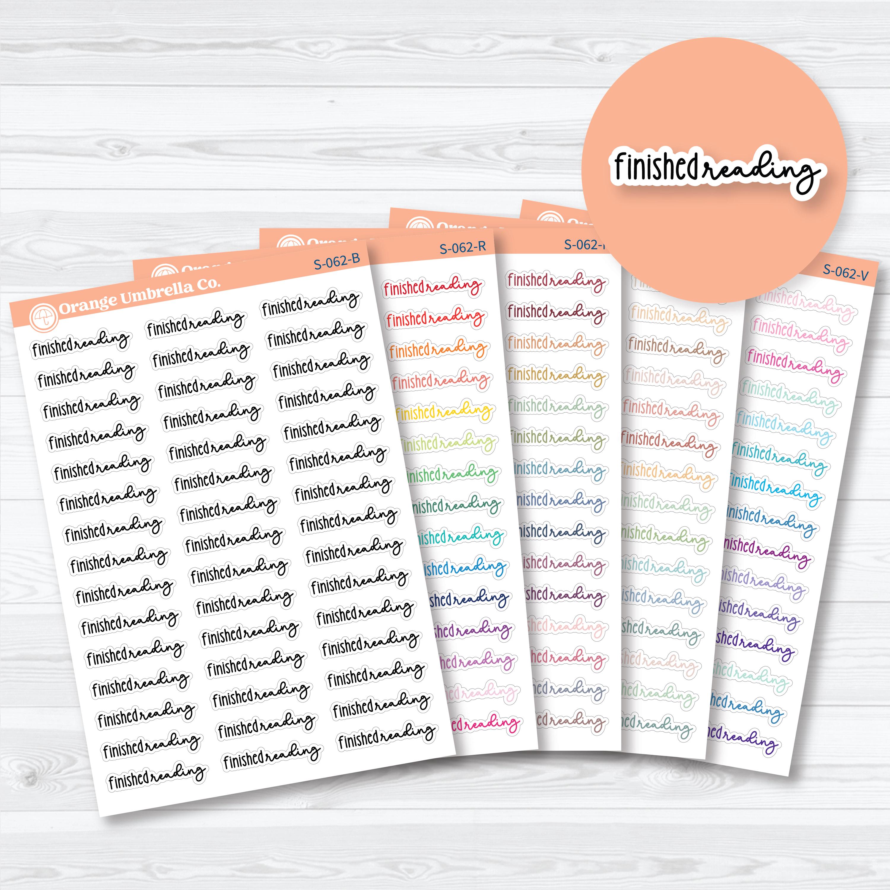 Finished Reading script planner stickers for reading journals, book trackers, and reading challenge spreads in Font 18 by Orange Umbrella Co