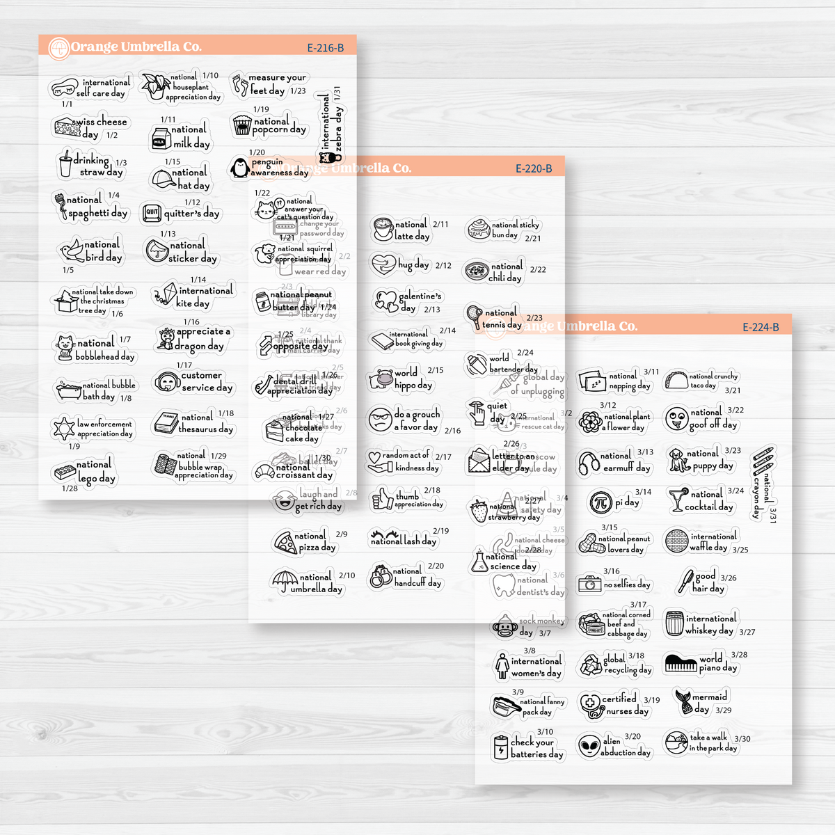 January through March sticker sheets from the F16 mini Wacky Holidays bundle, black outline on clear matte paper.