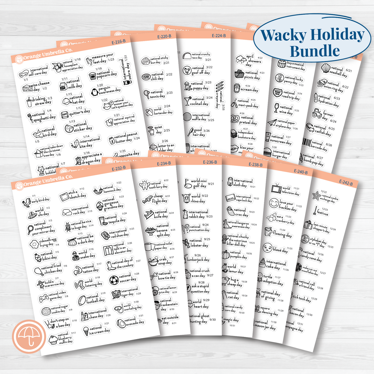 Full-year F16 mini wacky holiday sticker bundle showing 12 monthly sheets from January through December in black outline on removable white matte paper.