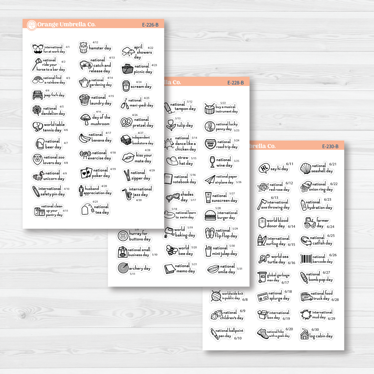 April through June sticker sheets from the F16 mini Wacky Holidays bundle, black outline on removable white matte paper.