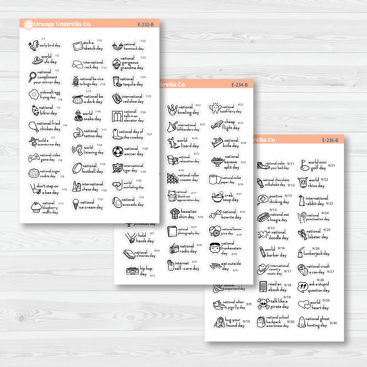 July through September sticker sheets from the F16 mini Wacky Holidays bundle, black outline on removable white matte paper.