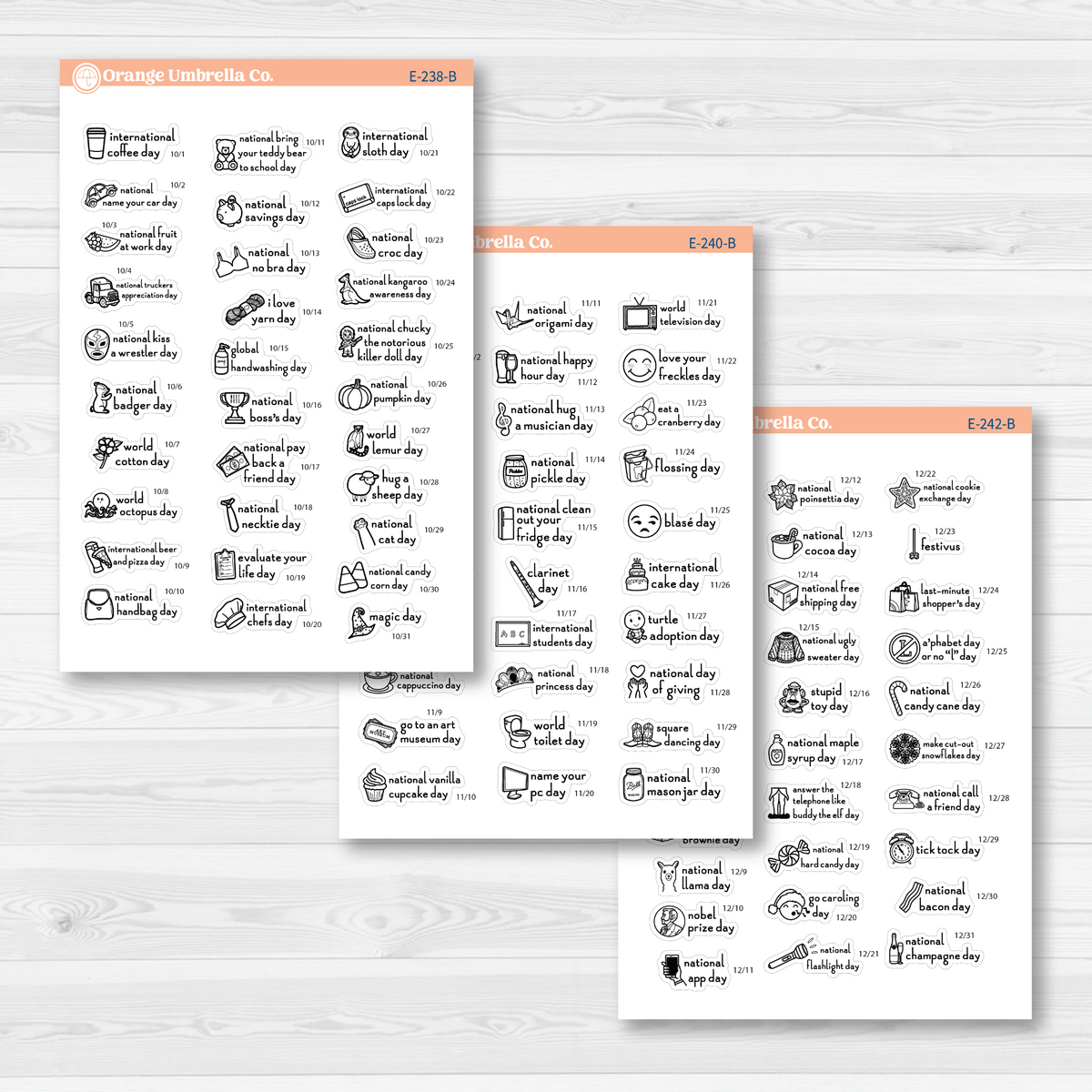 October through December sticker sheets from the F16 mini Wacky Holidays bundle, black outline on removable white matte paper.