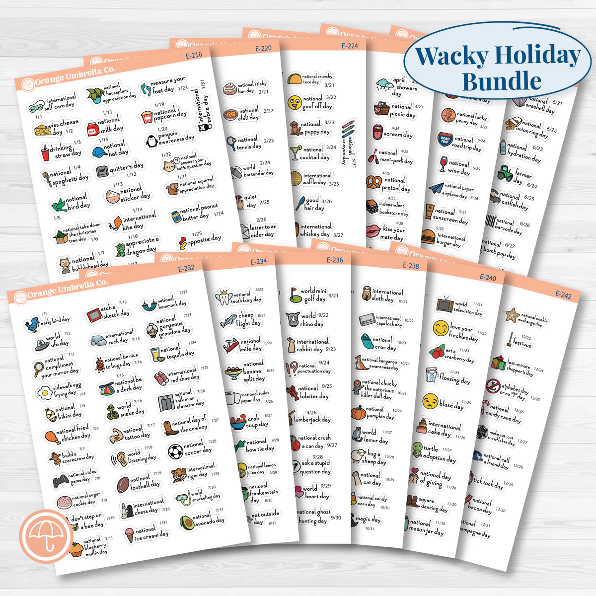Full-year F16 mini wacky holiday sticker bundle showing 12 monthly sheets from January through December in color on removable white matte paper.