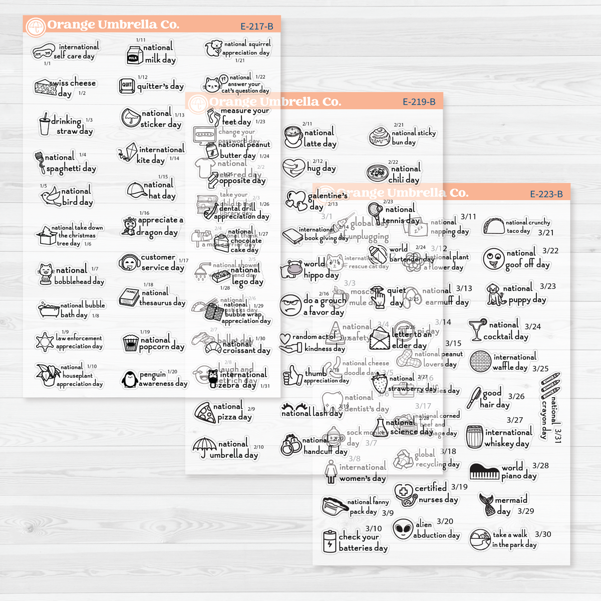 January through March sticker sheets from the F16 regular Wacky Holidays bundle, black outline on clear matte paper.