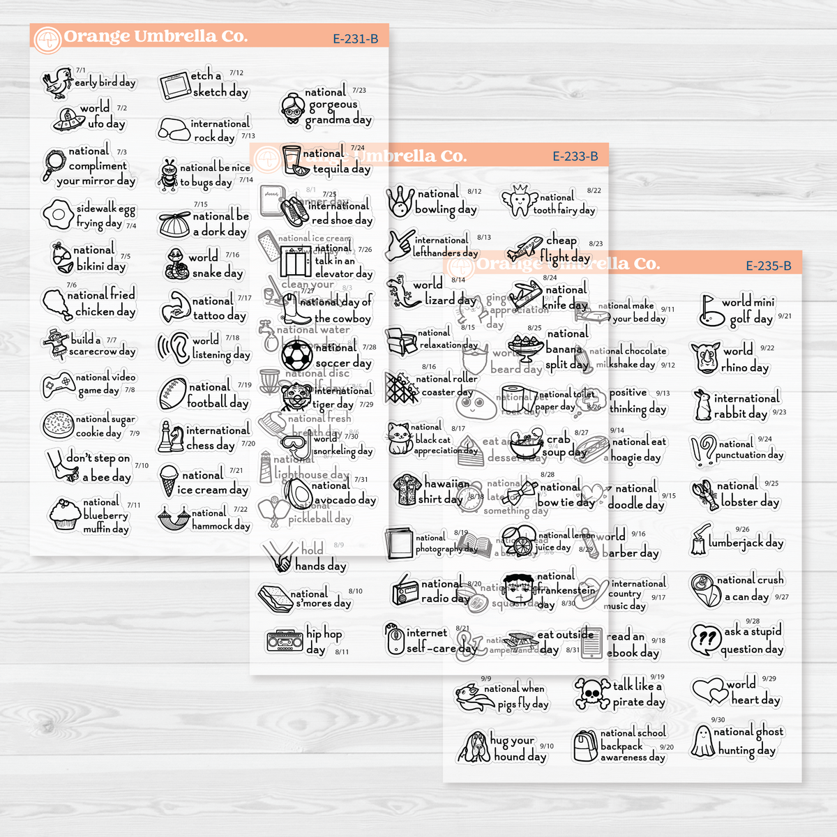 July through September sticker sheets from the F16 regular Wacky Holidays bundle, black outline on clear matte paper.
