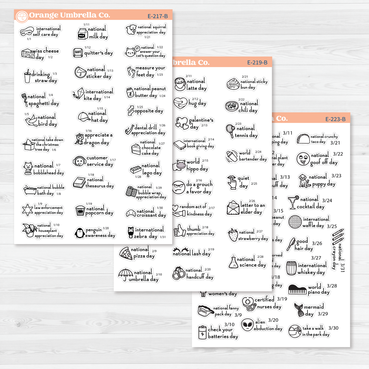 January through March sticker sheets from the F16 regular Wacky Holidays bundle, black outline on removable white matte paper.