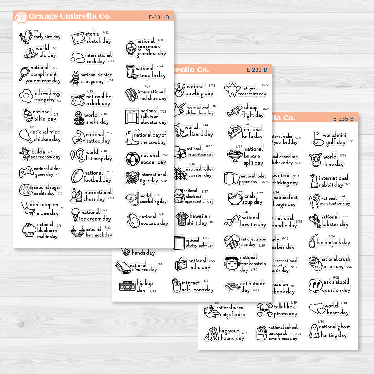 July through September sticker sheets from the F16 regular Wacky Holidays bundle, black outline on removable white matte paper.