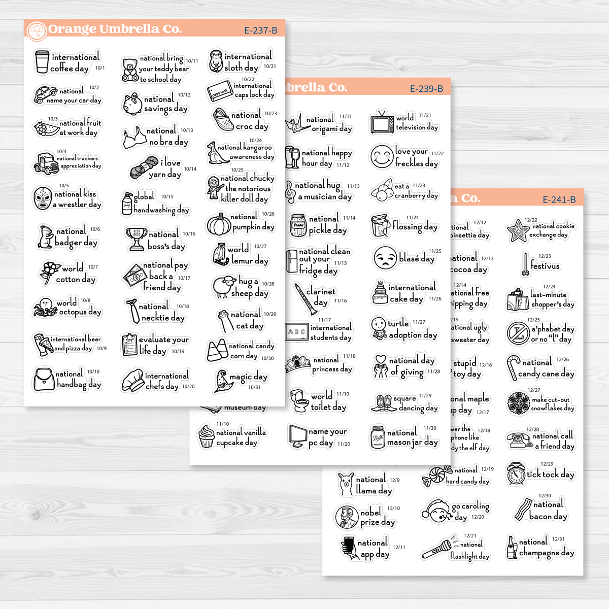 October through December sticker sheets from the F16 regular Wacky Holidays bundle, black outline on removable white matte paper.