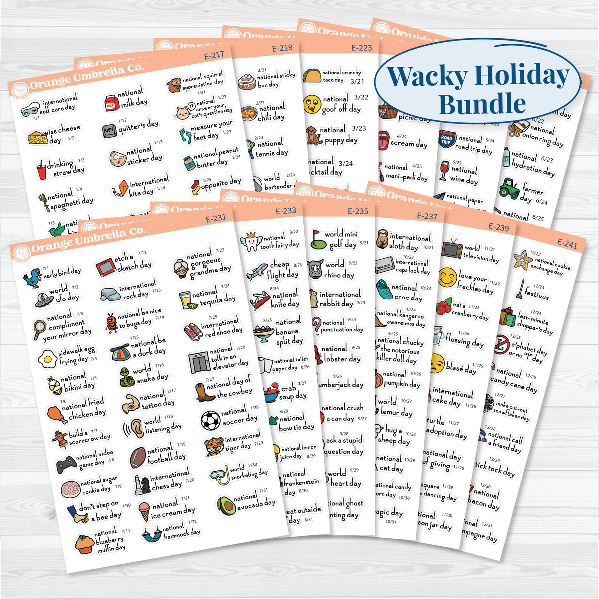 Full-year F16 regular wacky holiday sticker bundle showing 12 monthly sheets from January through December in color on removable white matte paper.