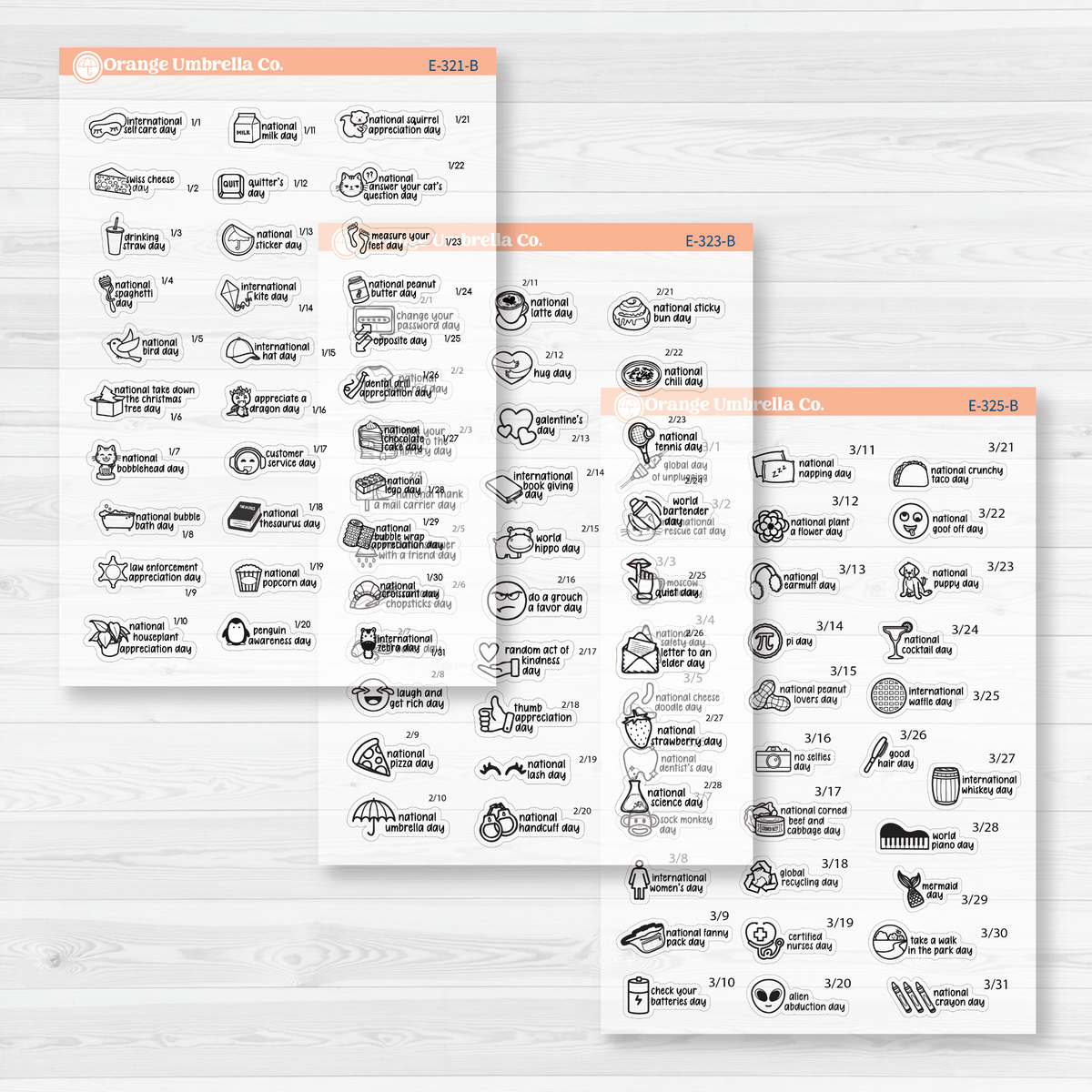 January through March sticker sheets from the F17 mini Wacky Holidays bundle, black outline on clear matte paper.