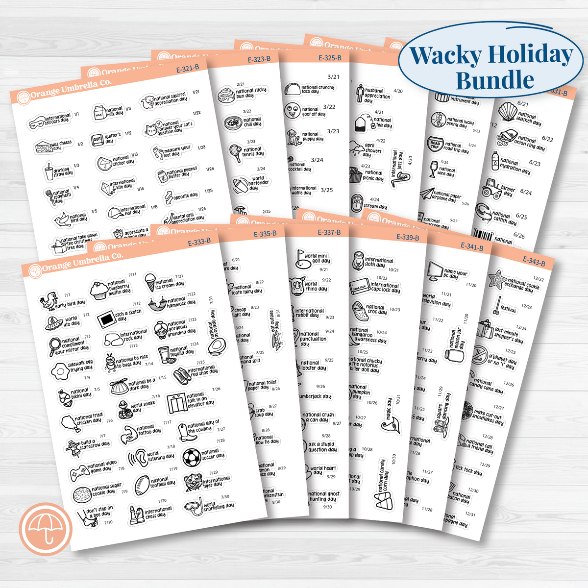 Full-year F17 mini wacky holiday sticker bundle showing 12 monthly sheets from January through December in black outline on removable white matte paper.