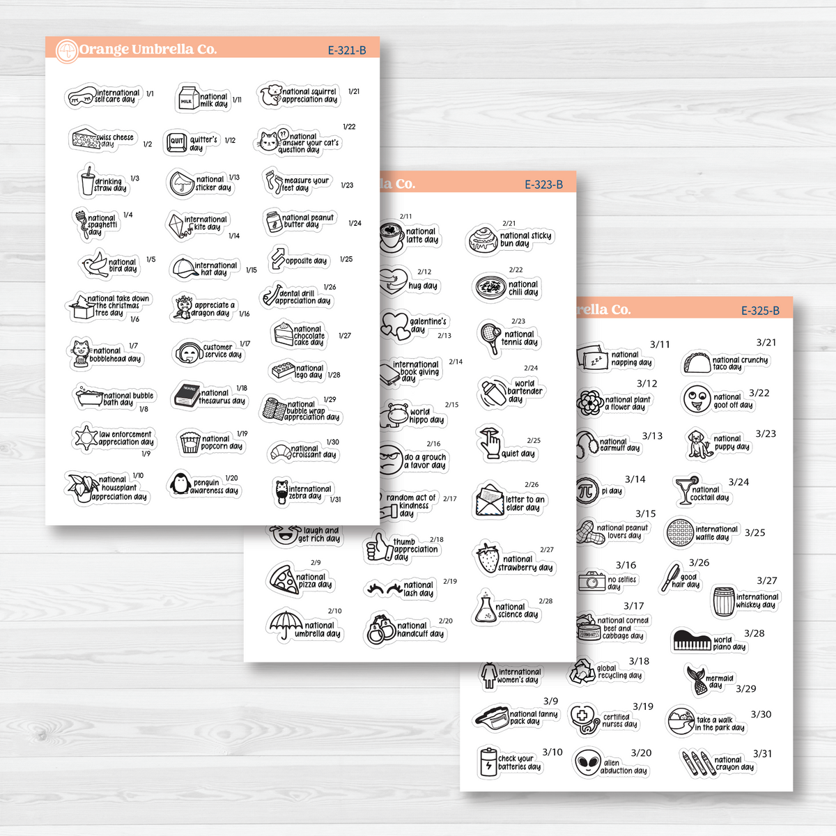 January through March sticker sheets from the F17 mini Wacky Holidays bundle, black outline on removable white matte paper.