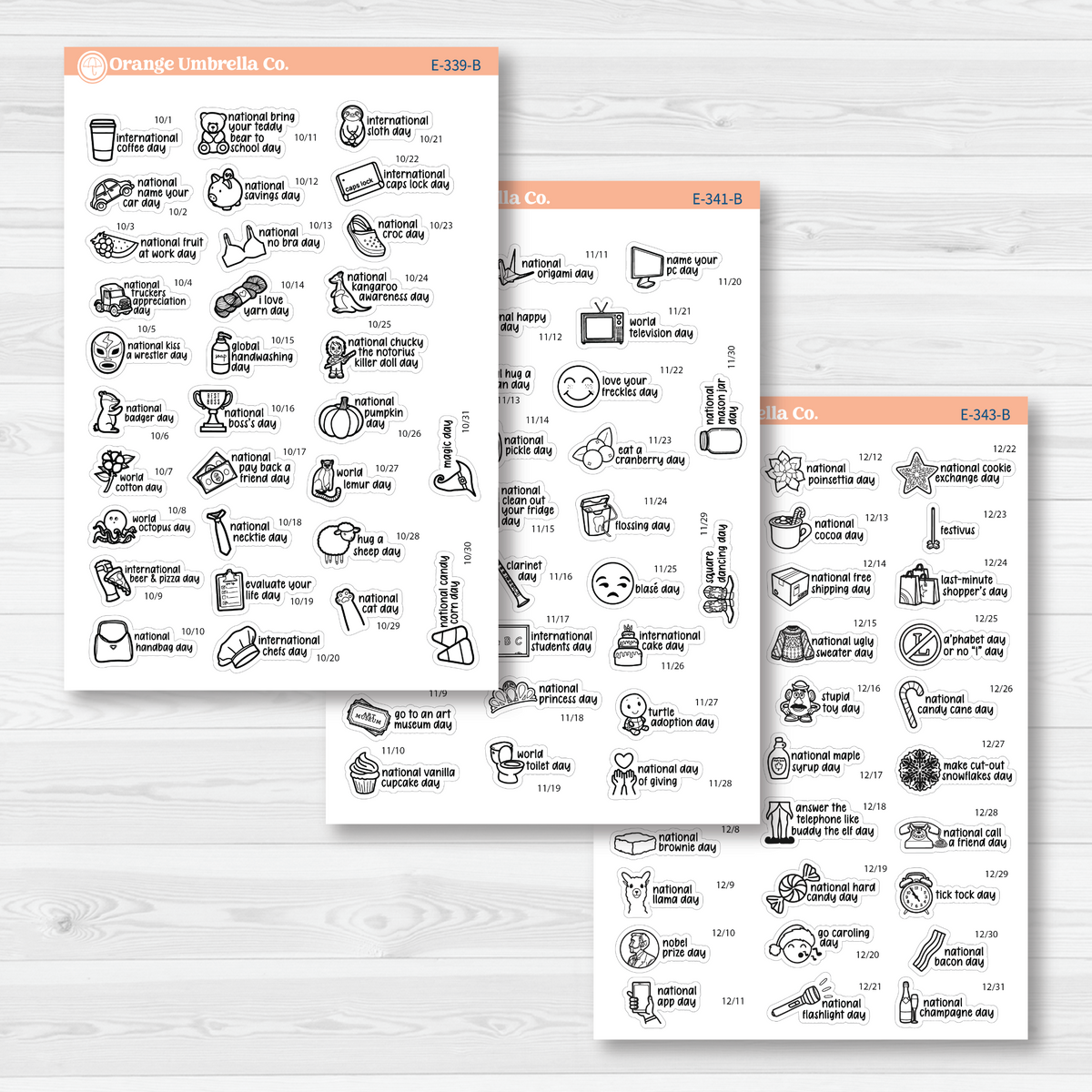 October through December sticker sheets from the F17 mini Wacky Holidays bundle, black outline on removable white matte paper.