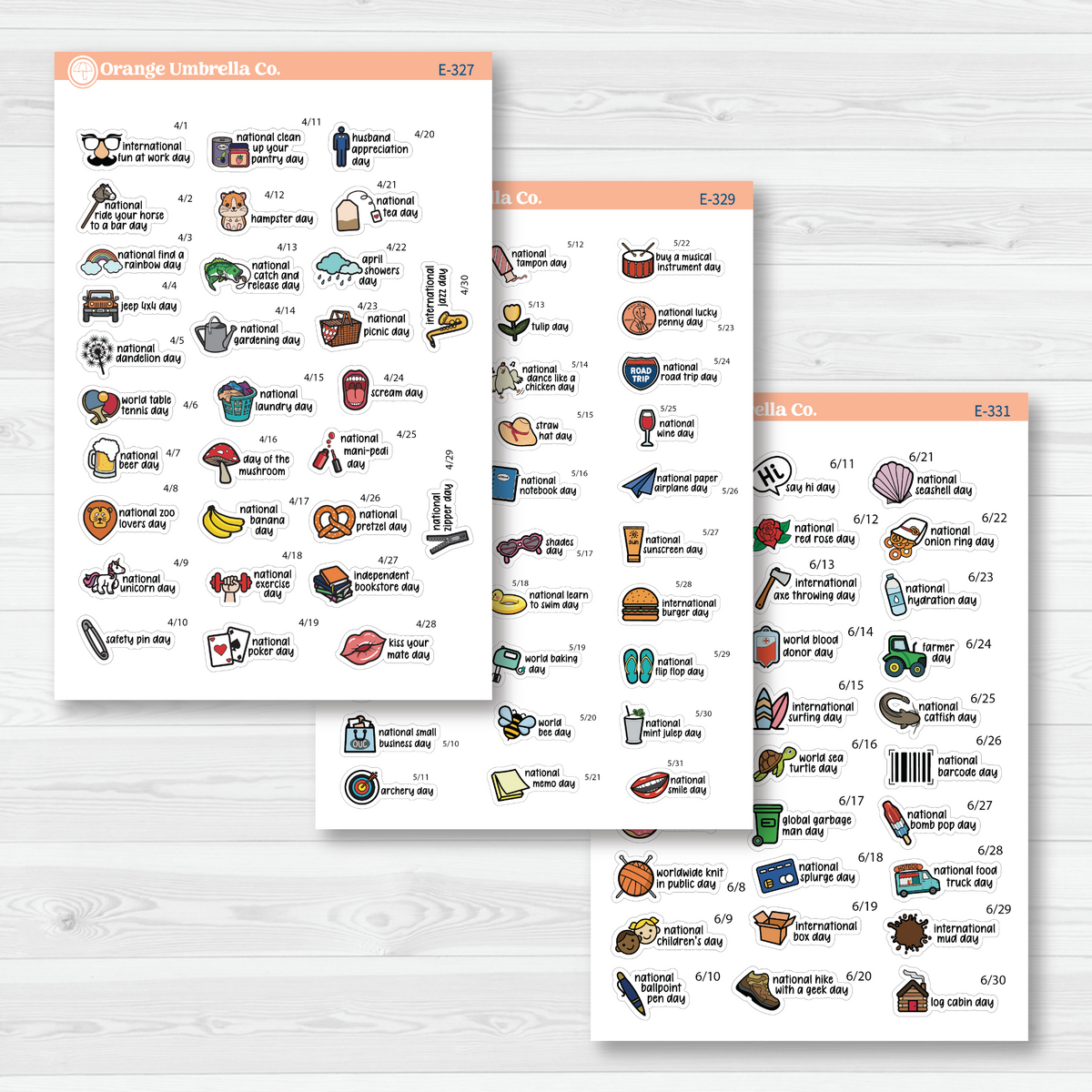 April through June sticker sheets from the F17 mini Wacky Holidays bundle, color on removable white matte paper.