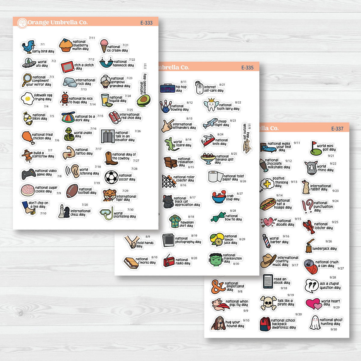 July through September sticker sheets from the F17 mini Wacky Holidays bundle, color on removable white matte paper.