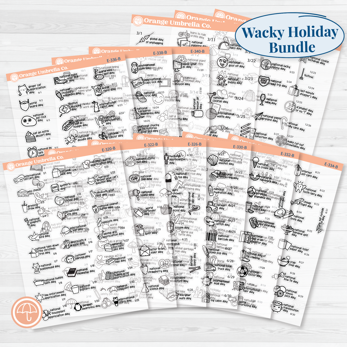 Full-year F17 regular wacky holiday sticker bundle showing 12 monthly sheets from January through December in black outline on clear matte paper.