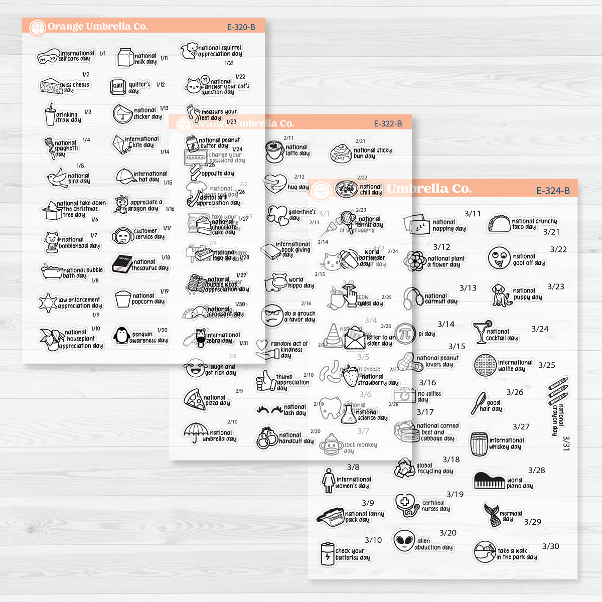 January through March sticker sheets from the F17 regular Wacky Holidays bundle, black outline on clear matte paper.