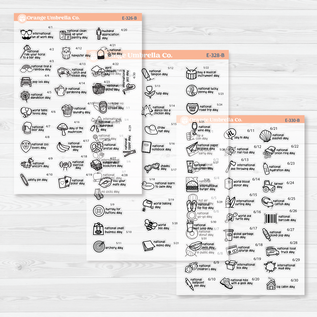April through June sticker sheets from the F17 regular Wacky Holidays bundle, black outline on clear matte paper.