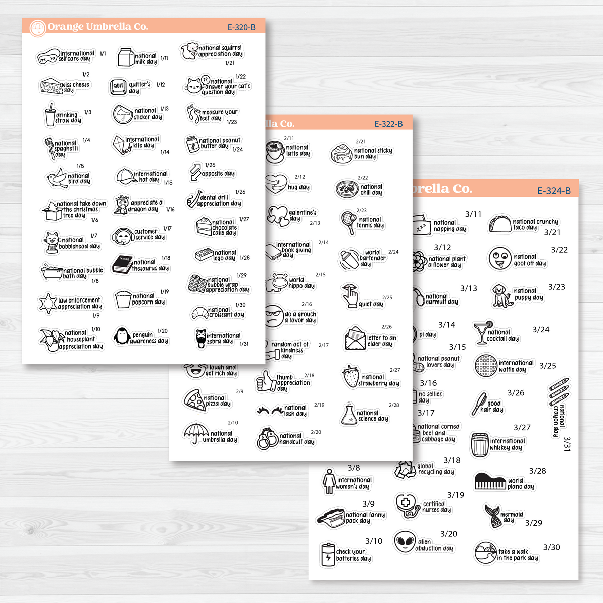 January through March sticker sheets from the F17 regular Wacky Holidays bundle, black outline on removable white matte paper.