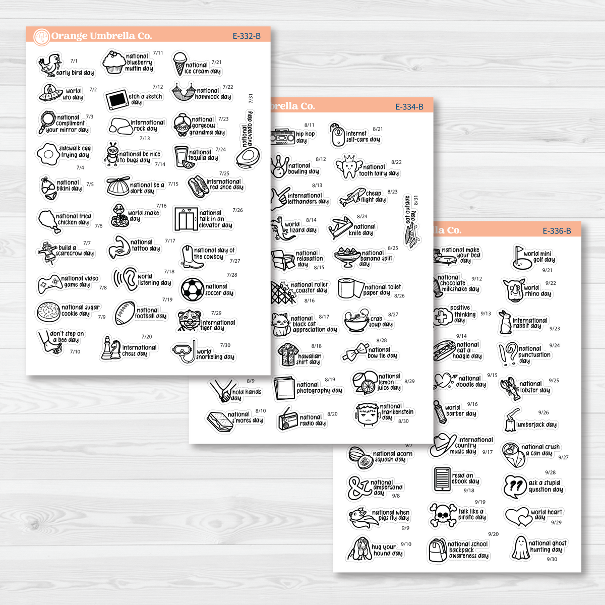 July through September sticker sheets from the F17 regular Wacky Holidays bundle, black outline on removable white matte paper.